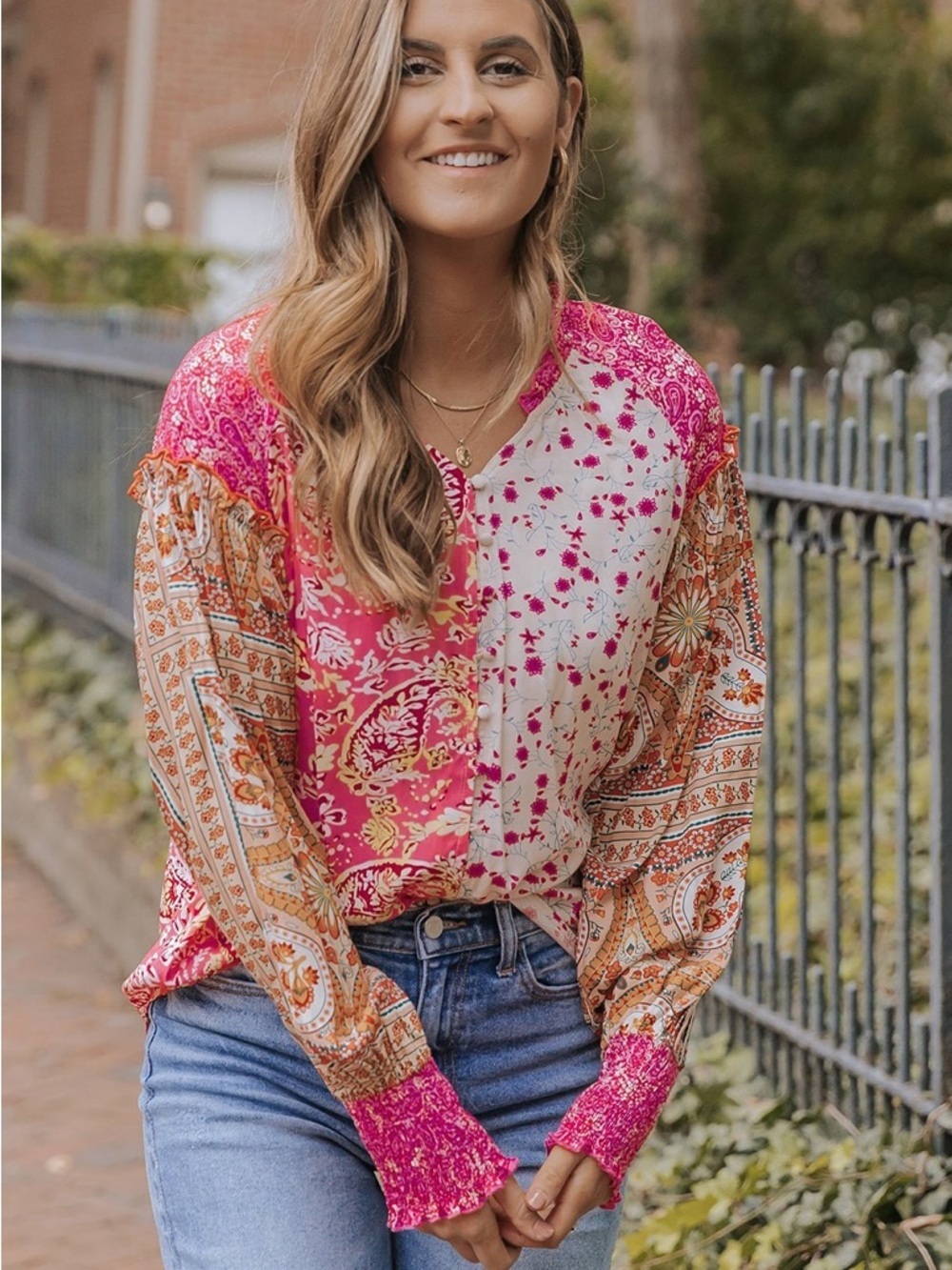 Boho Mixed Floral & Paisley Print Button Front Blouse - Size Large - Picture 5 of 10